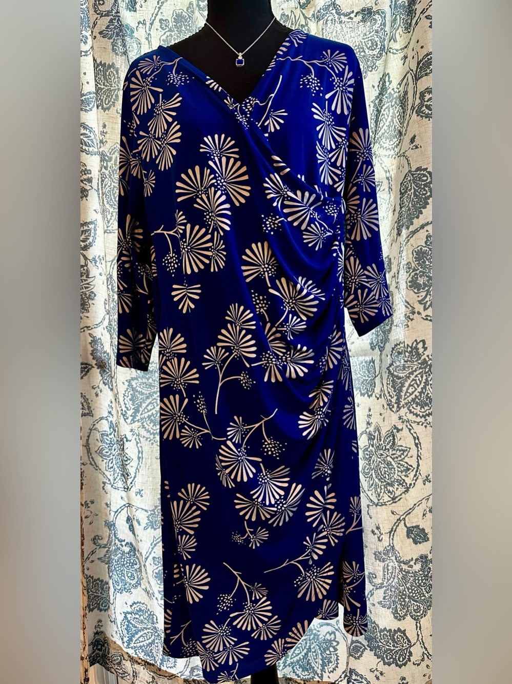 Elegant Royal Blue Floral Faux-Wrap Long Sleeve Dress